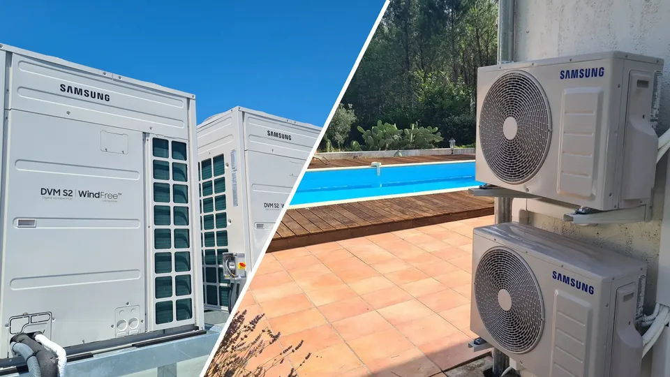 Installations NJ Concept : groupes Samsung DVM en toiture pour le tertiaire et unités Samsung chez un particulier au bord d'une piscine