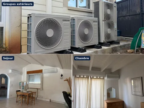 Multi-split Samsung WindFree au Teich : deux groupes extérieurs sur dalle béton et unités murales dans le séjour et la chambre