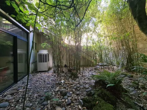 Unité extérieure de pompe à chaleur intégrée dans un jardin de bambous